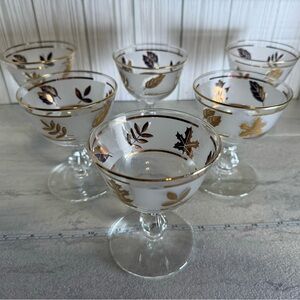 Set of 6 Vintage Libbey Frosted Stemmed Cordial Drink Glasses with Gold Pattern